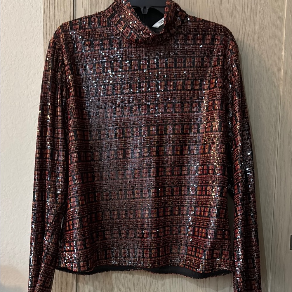 Zara Red Sequin Long Sleeve Blouse